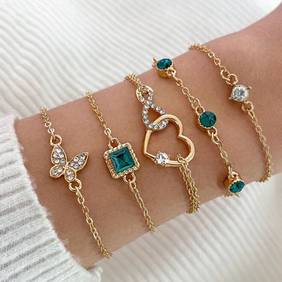 Jewelry - Set of 5 Elegant Gold and Emerald Bracelets - Butterfly and Heart (NEW)